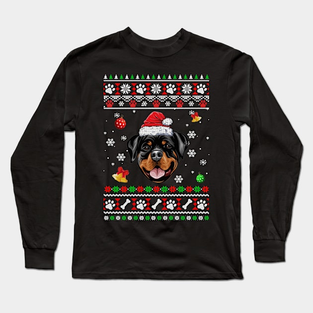 Merry Christmas Ugly Xmas Rottweiler Santa Hat Funny Long Sleeve T-Shirt by Bruce D Hubbard